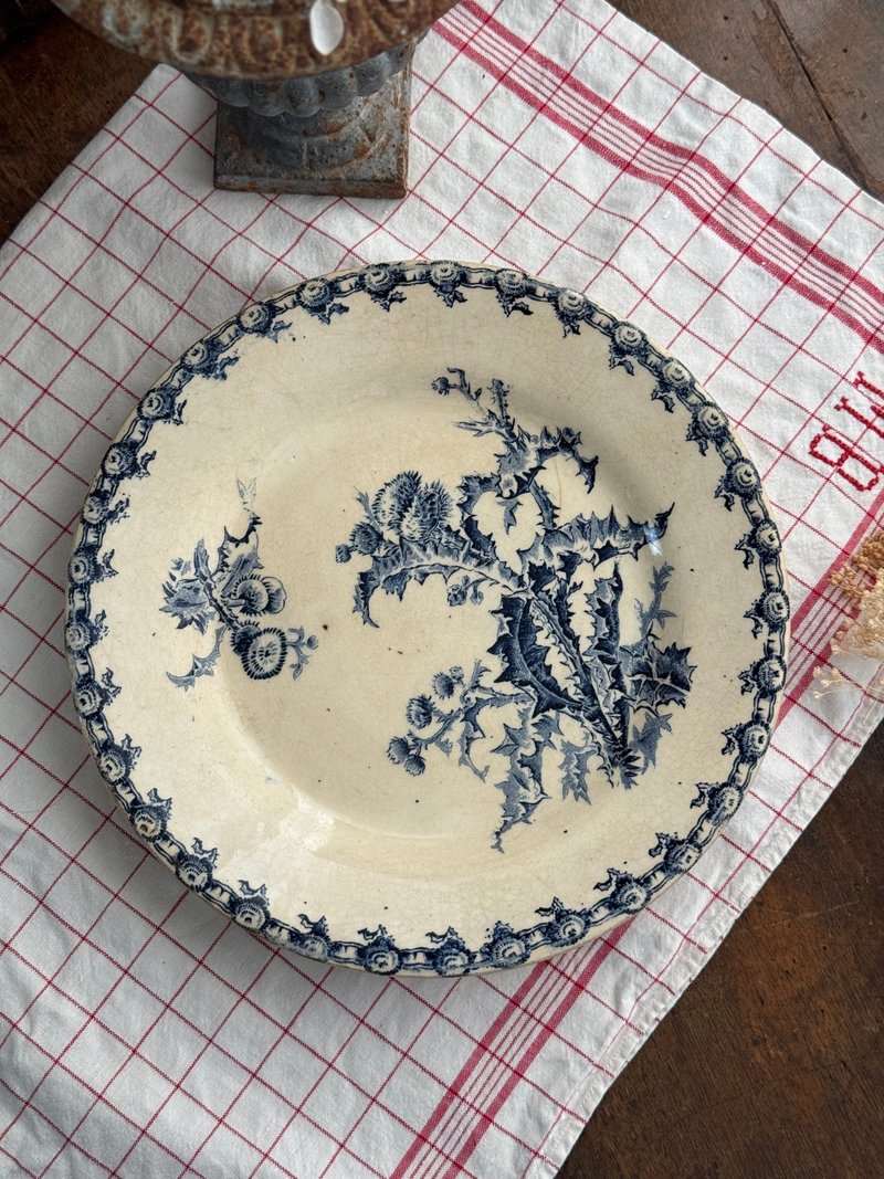 客订50155-浪漫法国古董GIEN CHARDON 蓟花 奶油白瓷盘24cm - 盘子/餐盘/盘架 - 瓷 