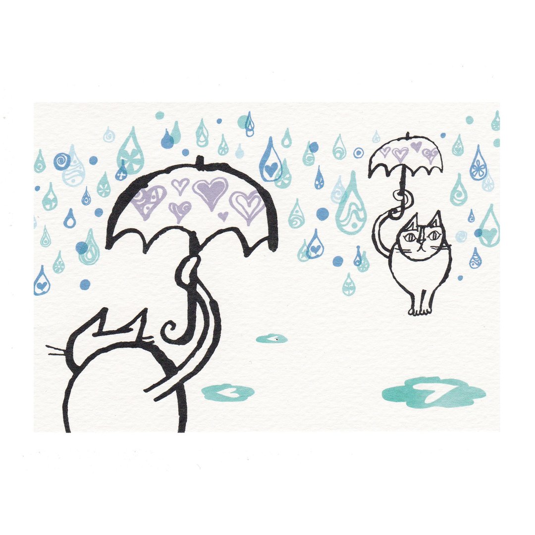 日本插画家 冈部哲郎 猫咪明信片【下雨天还是去找你】 - 卡片/明信片 - 纸 蓝色