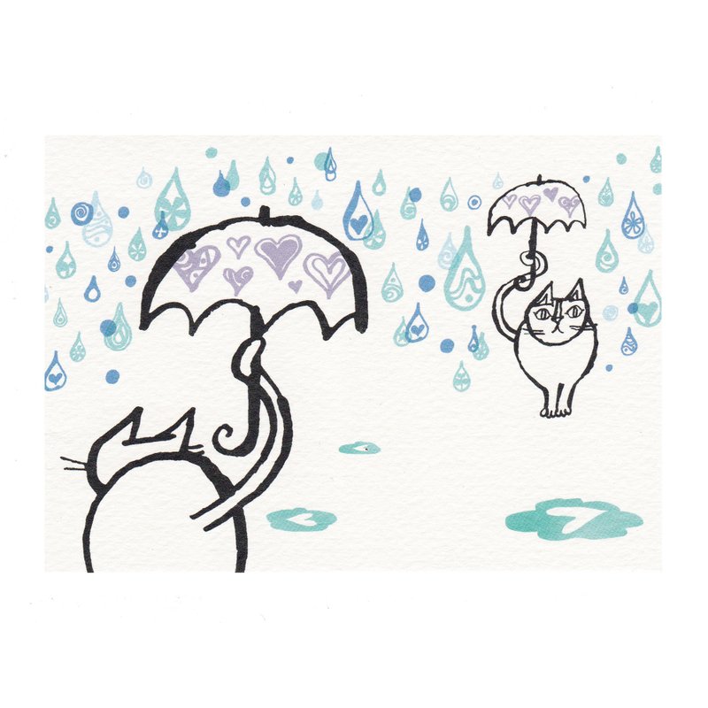 日本插画家 冈部哲郎 猫咪明信片【下雨天还是去找你】 - 卡片/明信片 - 纸 蓝色