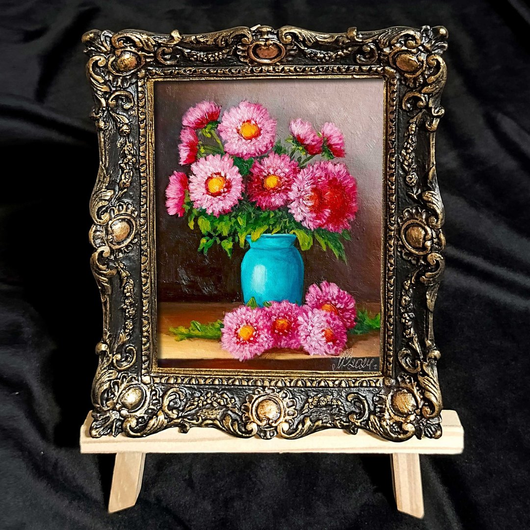 一幅花画。 这幅画是装裱的. 粉红色紫苑的静物。 - 墙贴/壁贴 - 纸 粉红色