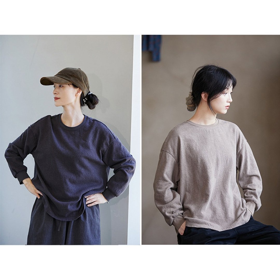 两色亚麻棉宽松休闲圆领女款套头卫衣 - 女装上衣 - 棉 