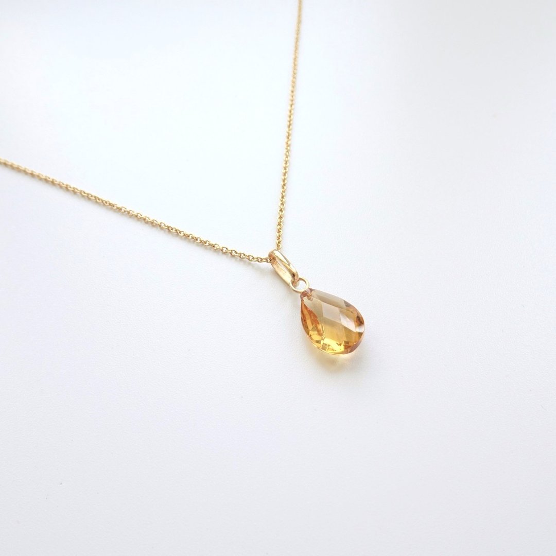 天然黄水晶 扁水滴形切割 古董纯 14K 金坠 | 搭配 14KGF 包金链 - 项链 - 半宝石 黄色
