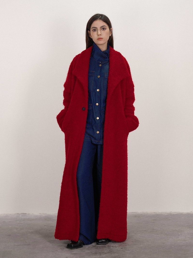 法式复古 / 压褶毛呢大衣外套 / 羊毛 - 女装休闲/机能外套 - 其他材质 红色