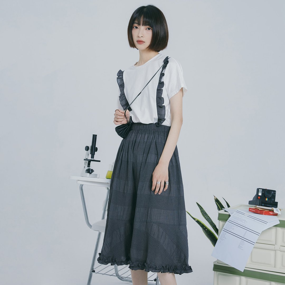 泡泡纱格纹半裙|裙子|夏款|棉|Sora-303 - 裙子 - 棉 灰色