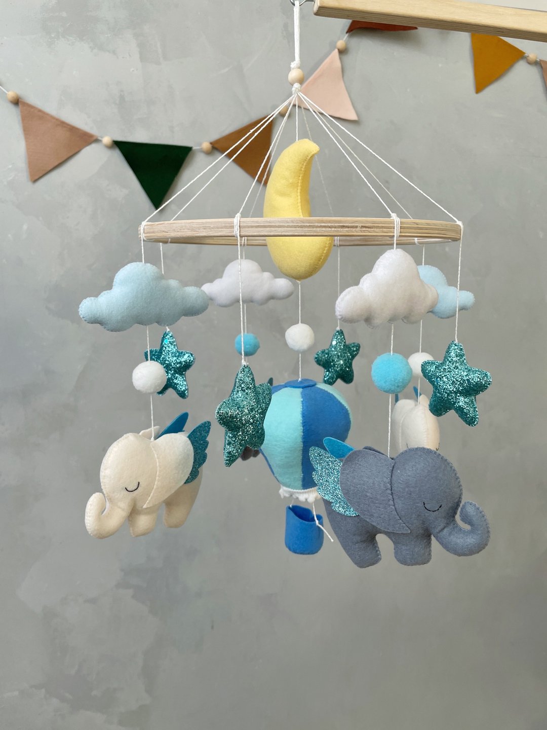Elephant baby mobile, Baby boy crib mobile, Nursery felt mobile, Hot air balloon - 玩具/玩偶 - 环保材料 蓝色