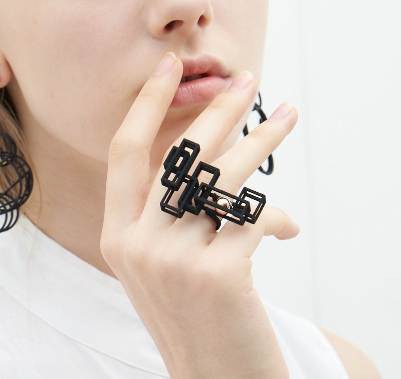 【Optical Art】3D打印立体方形几何戒指 - 戒指 - 塑料 黑色