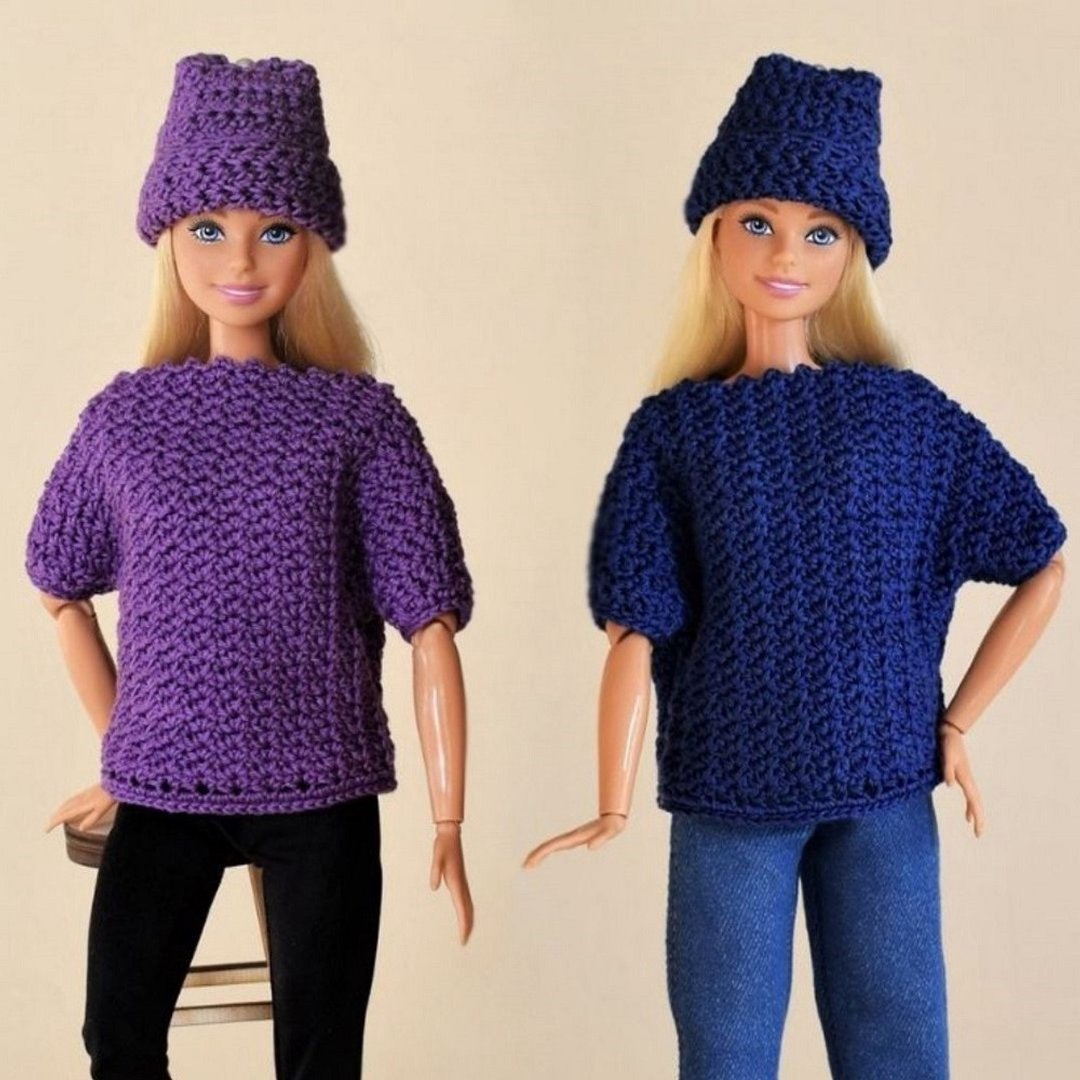 Crochet clothes Barbie pattern, crochet sweater and hat doll digital download - 编织/刺绣/羊毛毡/裁缝 - 棉 蓝色