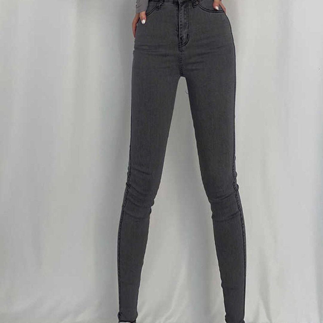 Denim Grey Skinny Leg Pants - 女装长裤 - 聚酯纤维 灰色