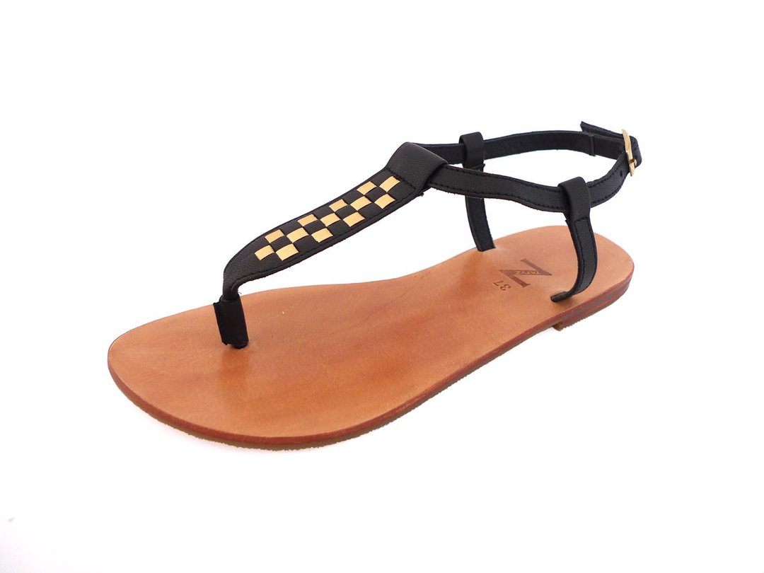 Pair of hand-made 35-40 EU size black &amp; gold leather woven T-strap/thong sandals - 男女凉鞋 - 棉．麻 黑色