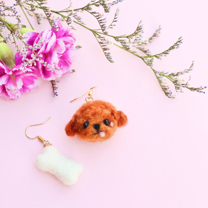 羊毛毡-贵宾狗狗耳环 - 耳环/耳夹 - 羊毛 咖啡色