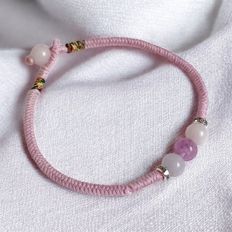 极简晶石系 梦幻三色三石手环 蜡线金刚结 扣珠款 - 手链/手环 - 其他材质 粉红色