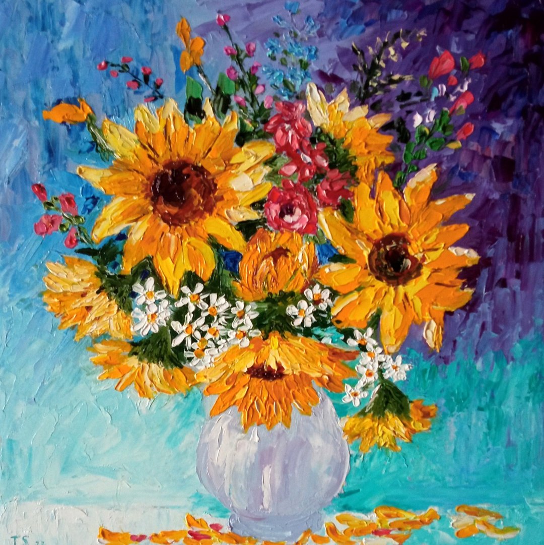 Original oil painting Sunflowers bouquet. 30x30 cm. Unframed - 墙贴/壁贴 - 其他材质 