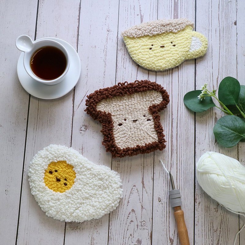 【DIY】俄罗斯刺绣材料包. 萌呆早安杯垫组+教学影片 - 编织/刺绣/羊毛毡/裁缝 - 棉．麻 