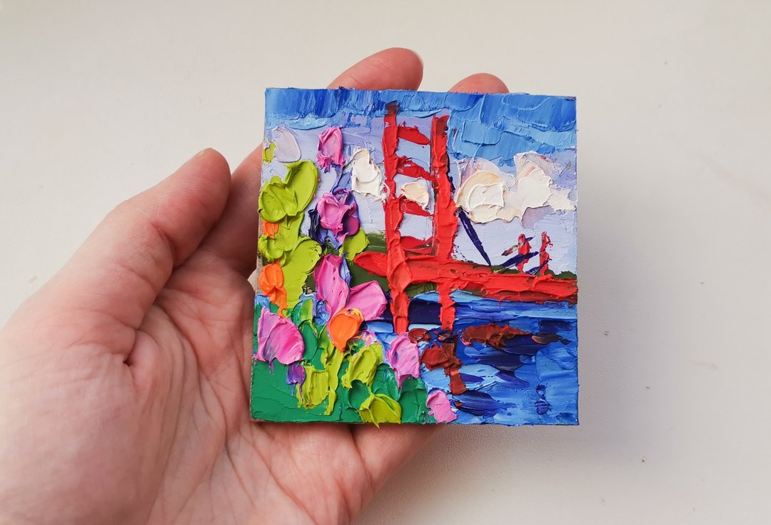 油畫原作 Golden Gate 手工油畫 Original Art San Francisco Flowers Oil Painting Verafe - 海报/装饰画/版画 - 其他材质 粉红色