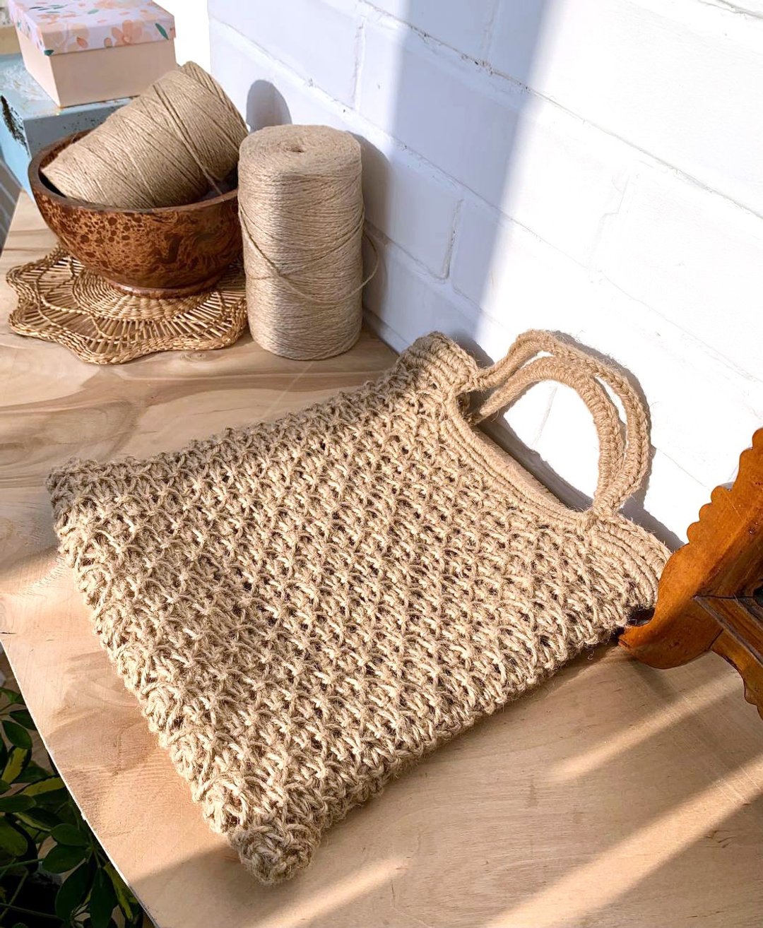 Macrame shopping tote bag Eco friendly jute mesh Vegan farmer handbag - 手提包/手提袋 - 棉 咖啡色