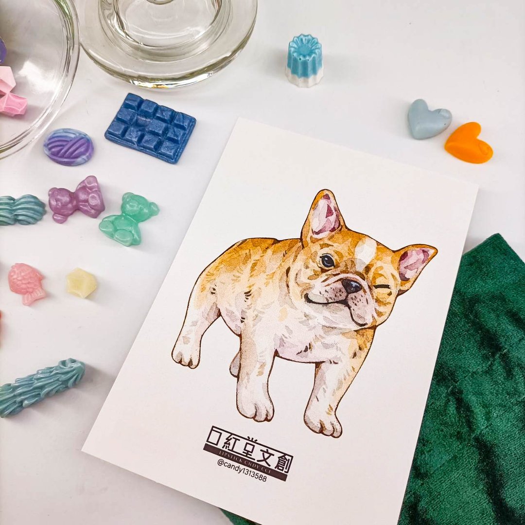 KR474_口紅堂明信片_法國鬥牛犬3_candy1313588 postcard - 卡片/明信片 - 纸 多色