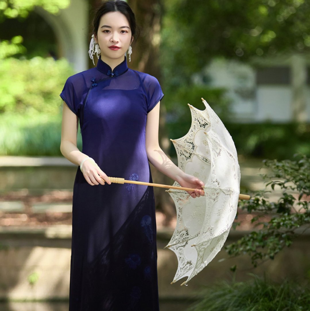 【深海精灵】 新中式復古/雪纺薄纱裙/古法旗袍 - 旗袍 - 其他材质 蓝色