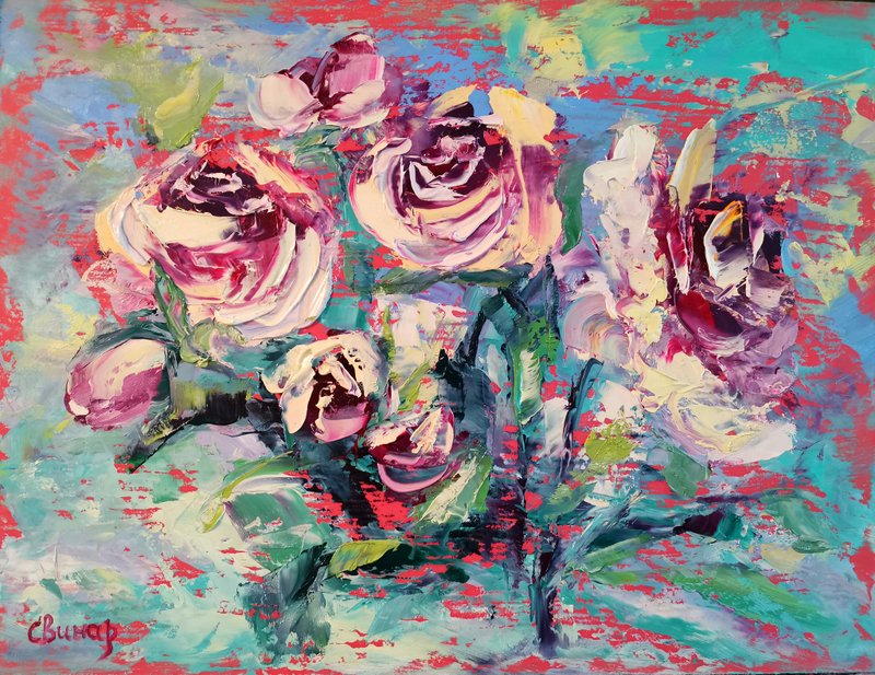 Oil Painting Flower Pink Roses Bushes Impasto Original Artist Svinar Oksana - 其他 - 其他材质 多色