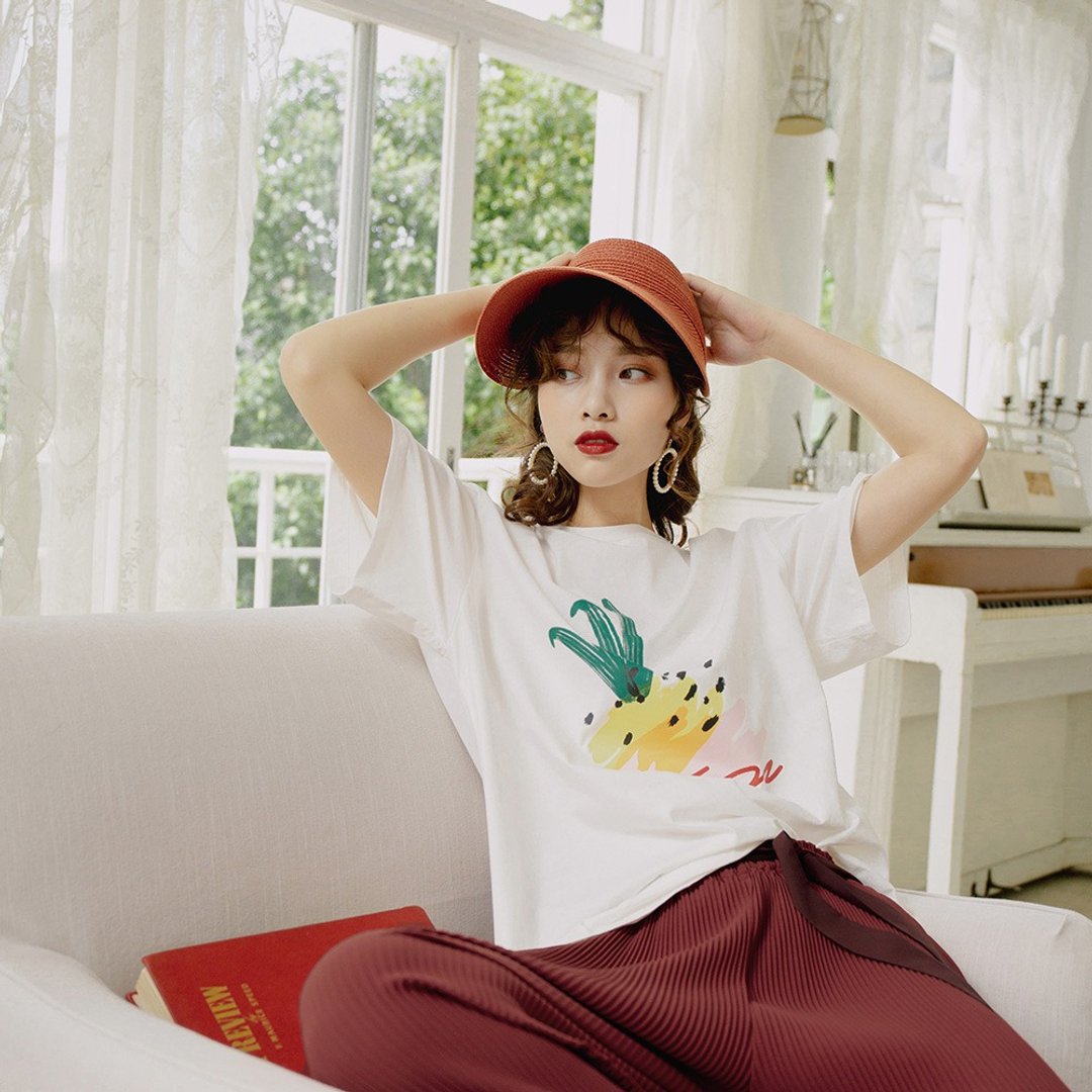 【多件多折】2019夏季女装自制新款菠萝印花不规则T恤TWT-93112 - 女装 T 恤 - 其他材质 