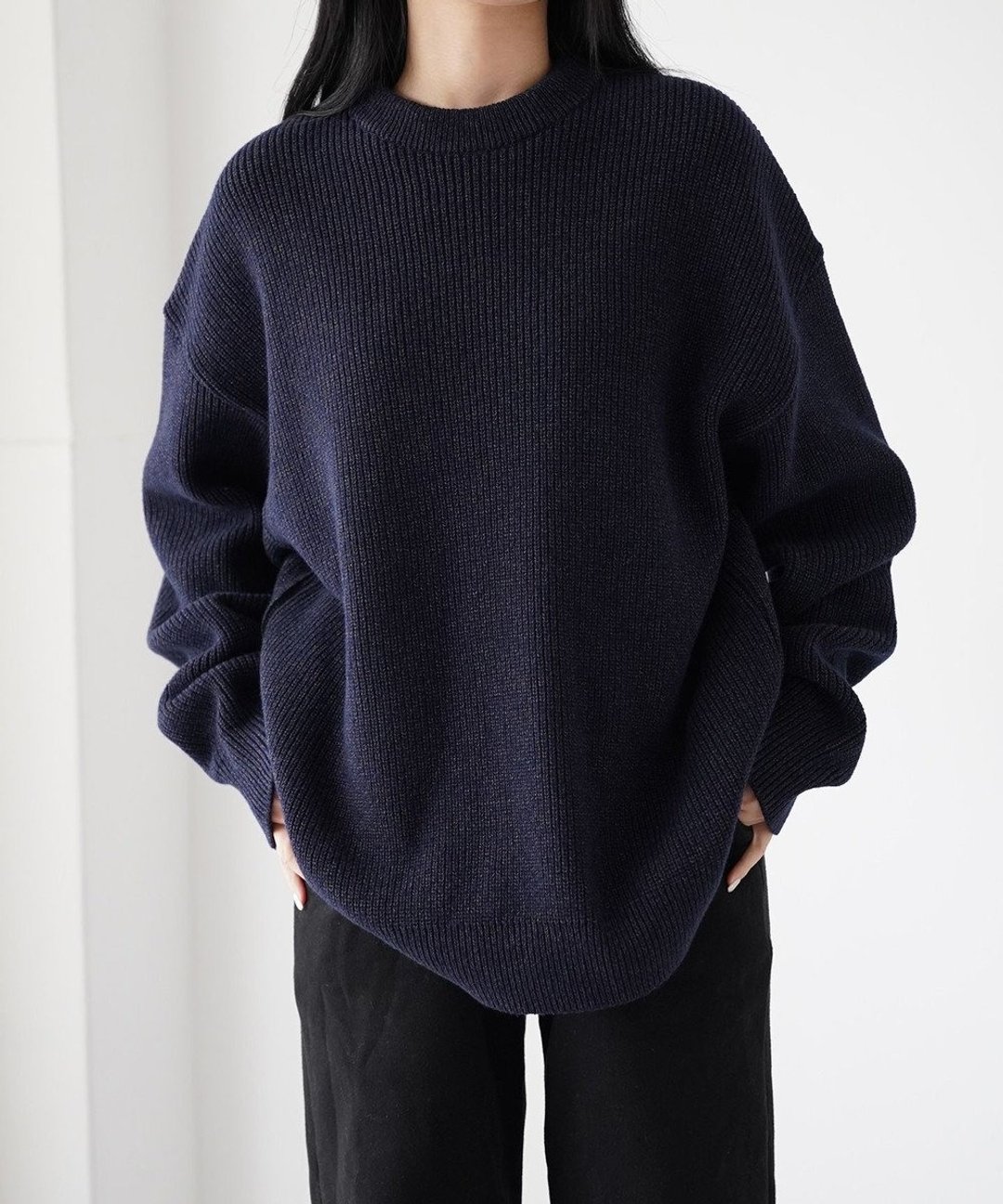 [WHITE MAILS] WASHI&COOMA LAMBS RIB KNIT CREWNECK SWEATER - 女装针织衫/毛衣 - 羊毛 蓝色