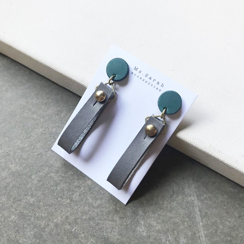 皮革耳环_圆缎带1号作品_松柏绿搭灰白(可改夹) - 耳环/耳夹 - 真皮 红色