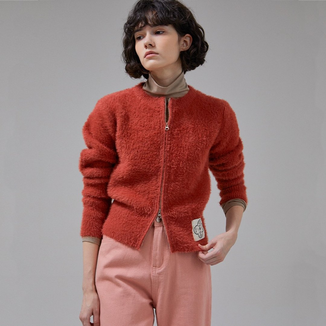 (LINE) 莫代尔羊毛混纺针织拉链外套 (红橘色) - 女装上衣 - 羊毛 红色