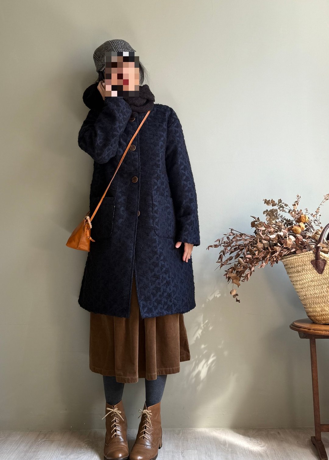 森森深处/深蓝立体提花意大利制毛料中长版圆领双层大衣/wool - 女装休闲/机能外套 - 羊毛 