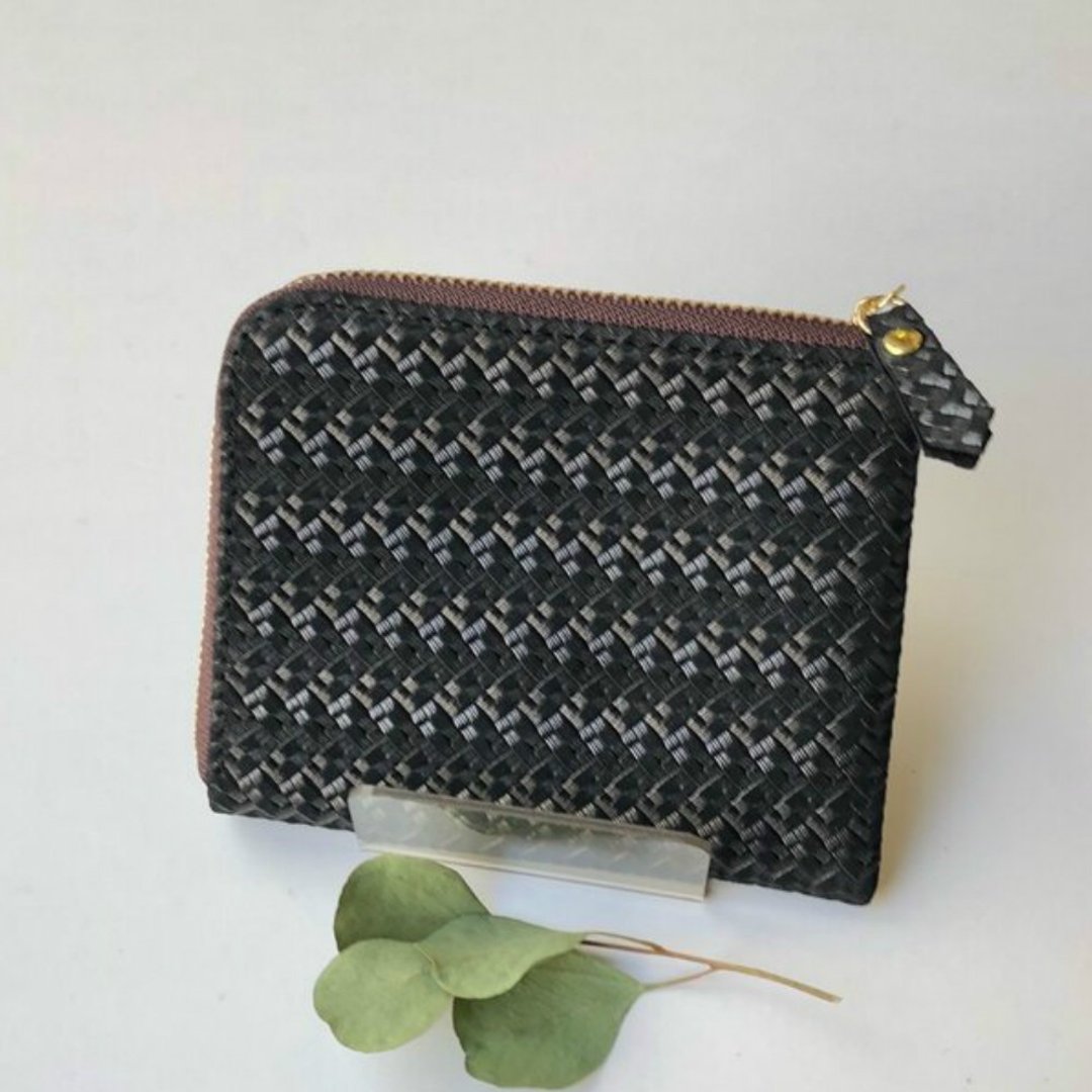 Cowhide mesh slim mini wallet pearl black - 皮夹/钱包 - 真皮 黑色