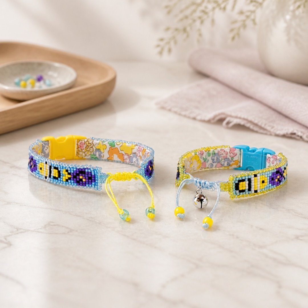 小小海洋世界 珠饰猫用项圈 紫×黄 Beaded Cat Collar - 项圈/牵绳 - 棉 多色