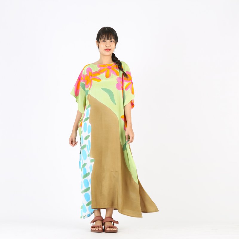 Hand Painted Cotton Silk Kaftan for Summer Resort Vacation - 洋装/连衣裙 - 棉 绿色