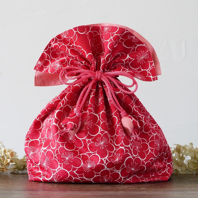 和服 束口袋 招福束口袋 梅花 大尺寸 - 化妆包/杂物包 - 棉．麻 红色