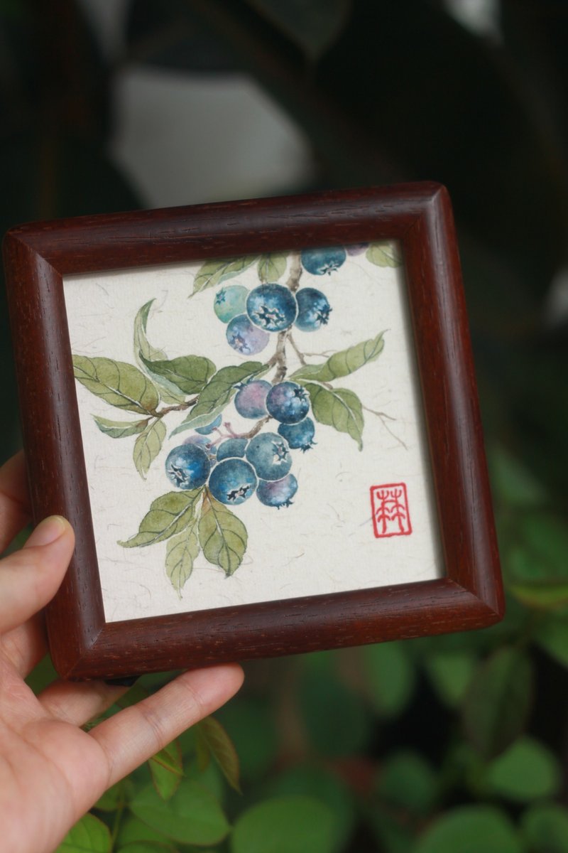 蓝莓树国画作品集 | 国画原作孤品 | 4寸没骨画 | 中式摆台 | 实 - 画框/相框 - 纸 白色
