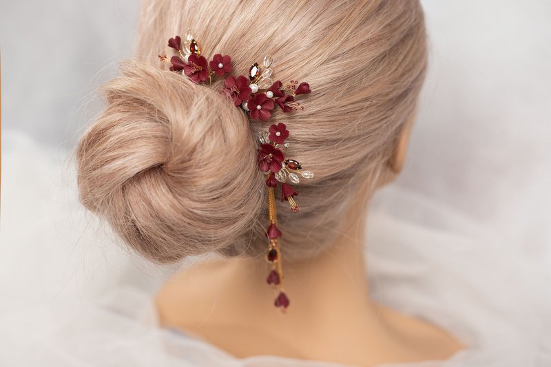 Dark red gold floral hair pin set, Burgundy flower for wedding hairstyle - 发饰 - 粘土 