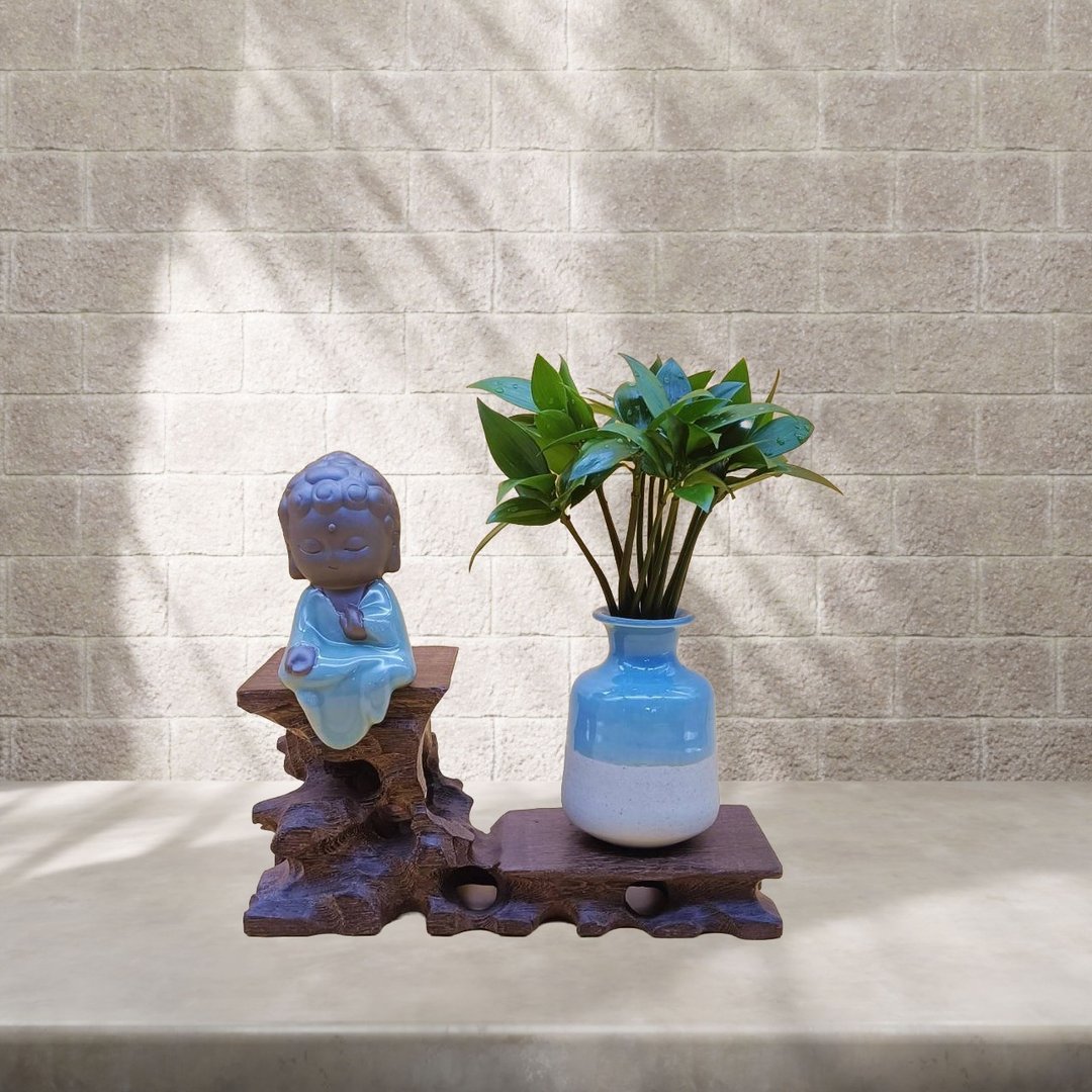 竹柏 室内水生植物 鸡翅木高低架 Q版如来,观音,地藏摆件 - 植栽/盆栽 - 木头 