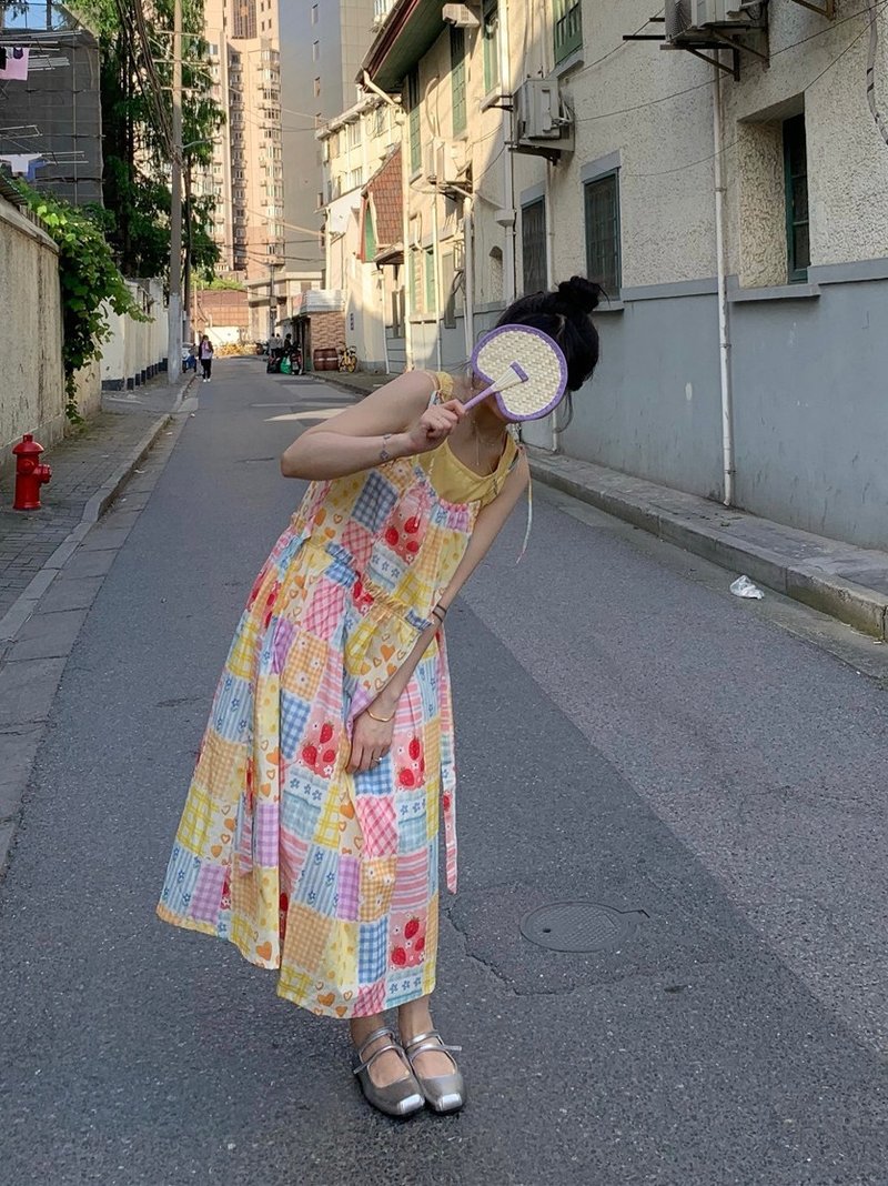 两件套 拼布日系 古着感 洋装  吊带连衣裙 A字宽松度假  remake - 洋装/连衣裙 - 棉．麻 