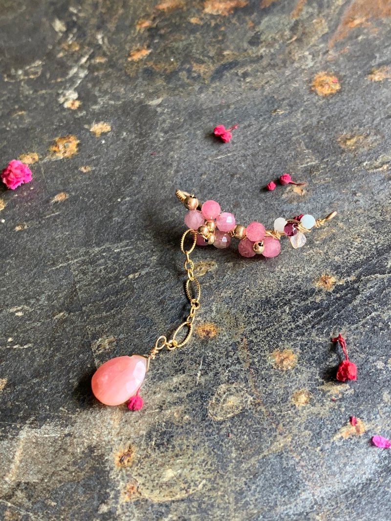 【礼物】花见樱花 天然粉红碧玺 粉红奥宝 单边14KGF无痛耳 - 耳环/耳夹 - 宝石 粉红色