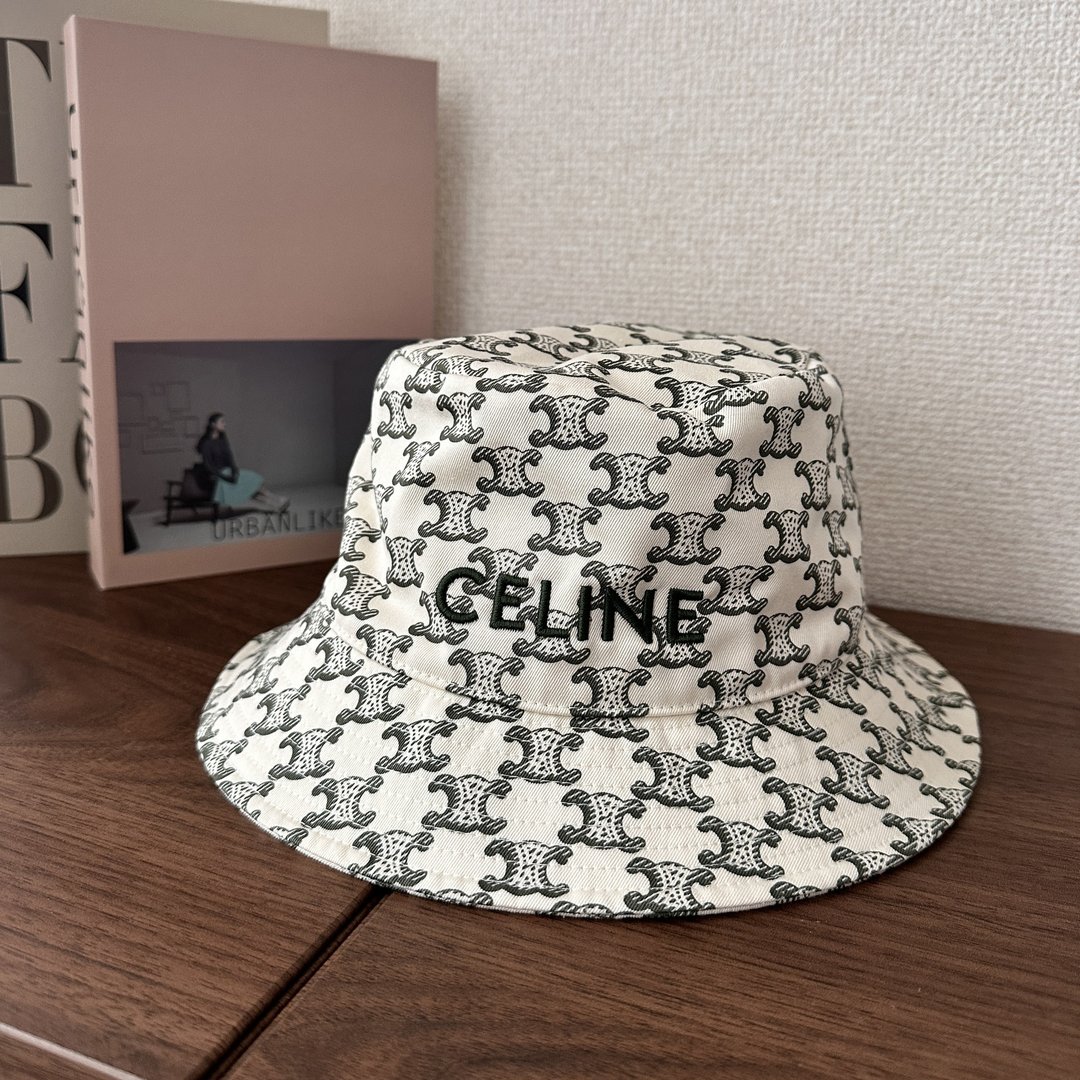 CELINE 赛琳 Triomphe Monogram 棉质 刺绣标志 布料水桶帽 - 帽子 - 其他材质 白色