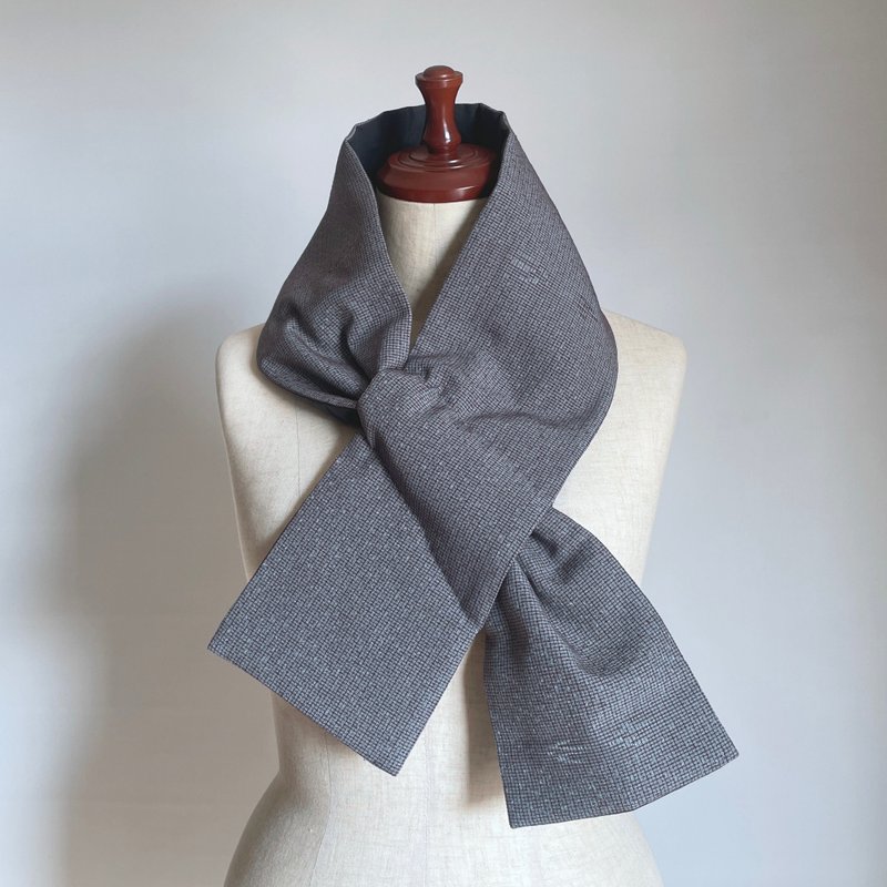 【独一无二】和服古布围脖 颈圈 - 羊毛混纺深紫灰纹与深蓝纯棉 - 围巾/披肩 - 丝．绢 灰色