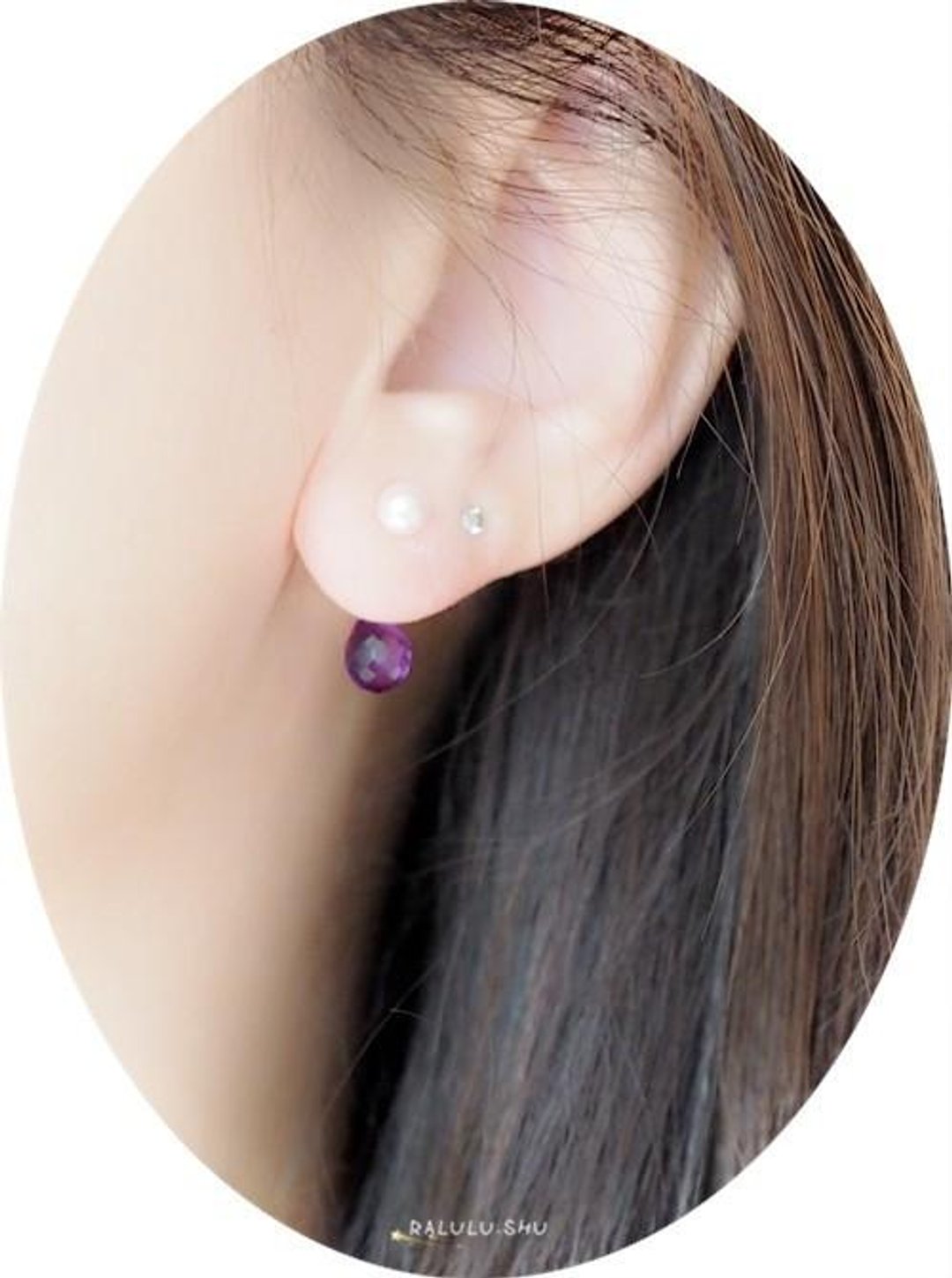 K10 Gold Plated Akoya Pearls Water Drops Amethyst Drop 2WAY Earrings Stud Earrings February Birthstone - 耳环/耳夹 - 宝石 紫色