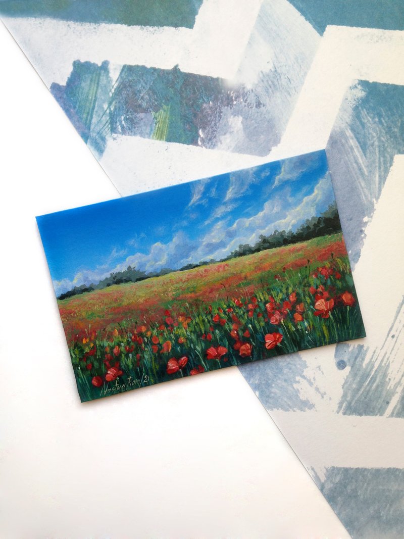 The Tuscan poppy landscape. Small landscape. Poppies painting. Flowers painting. - 海报/装饰画/版画 - 其他金属 红色