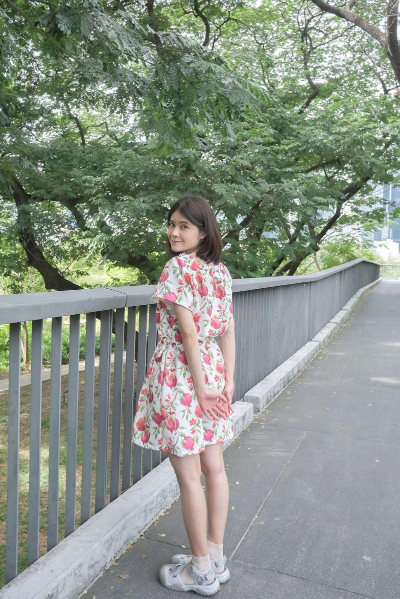 石榴印花洋装 / 限量印花 - 洋装/连衣裙 - 棉．麻 红色