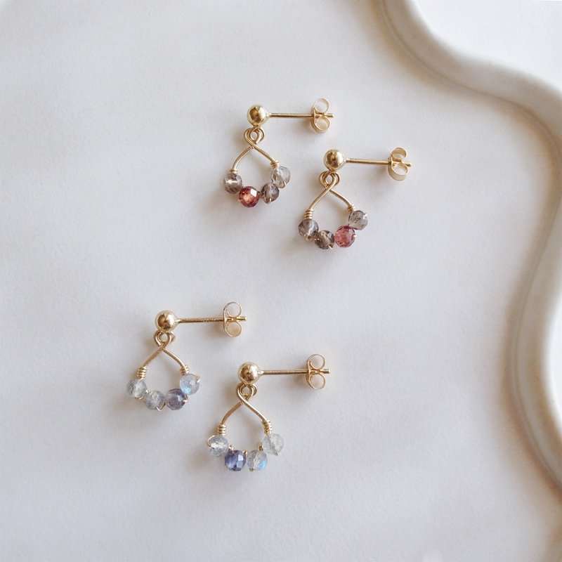 14KGF 茶水晶×石榴石/拉长石×堇青石 洗练 天然石耳环 - 耳环/耳夹 - 宝石 咖啡色