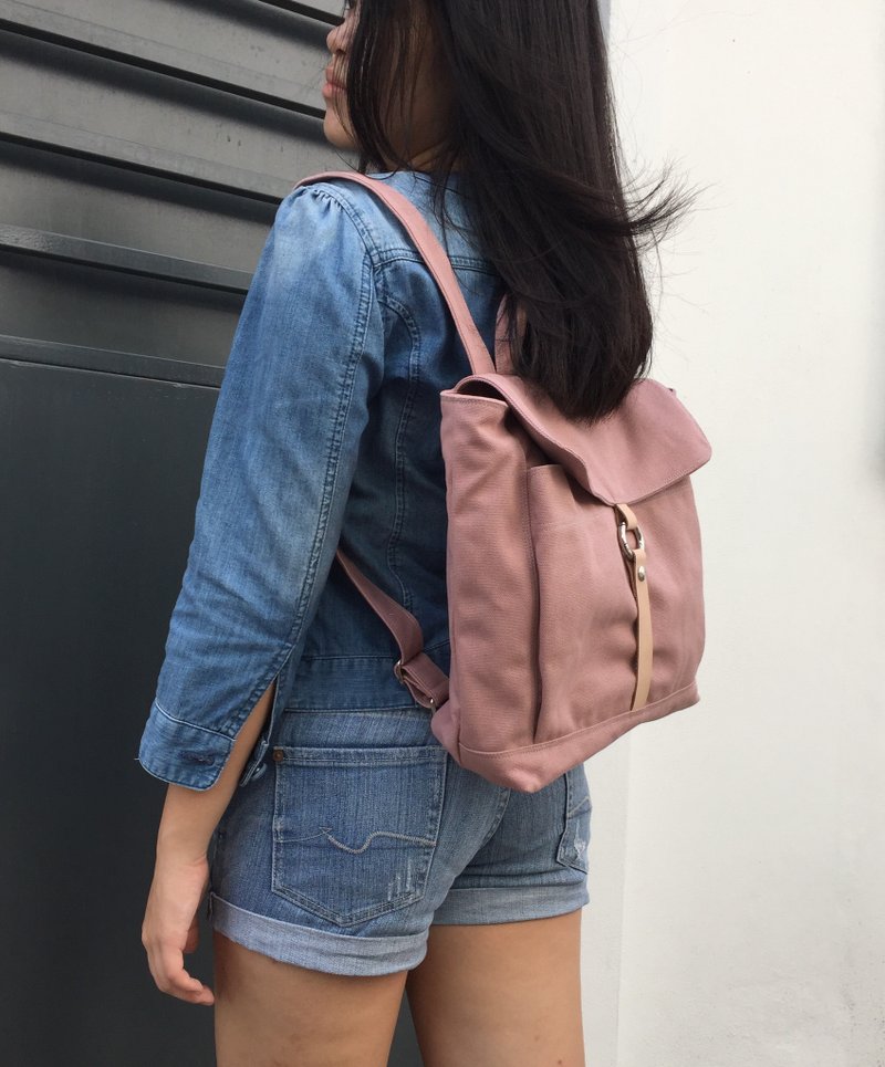 包邮- 小型后背包/皮革元素背包/旅行背包- 粉红色 no.102s Tanya - 后背包/双肩包 - 棉．麻 粉红色