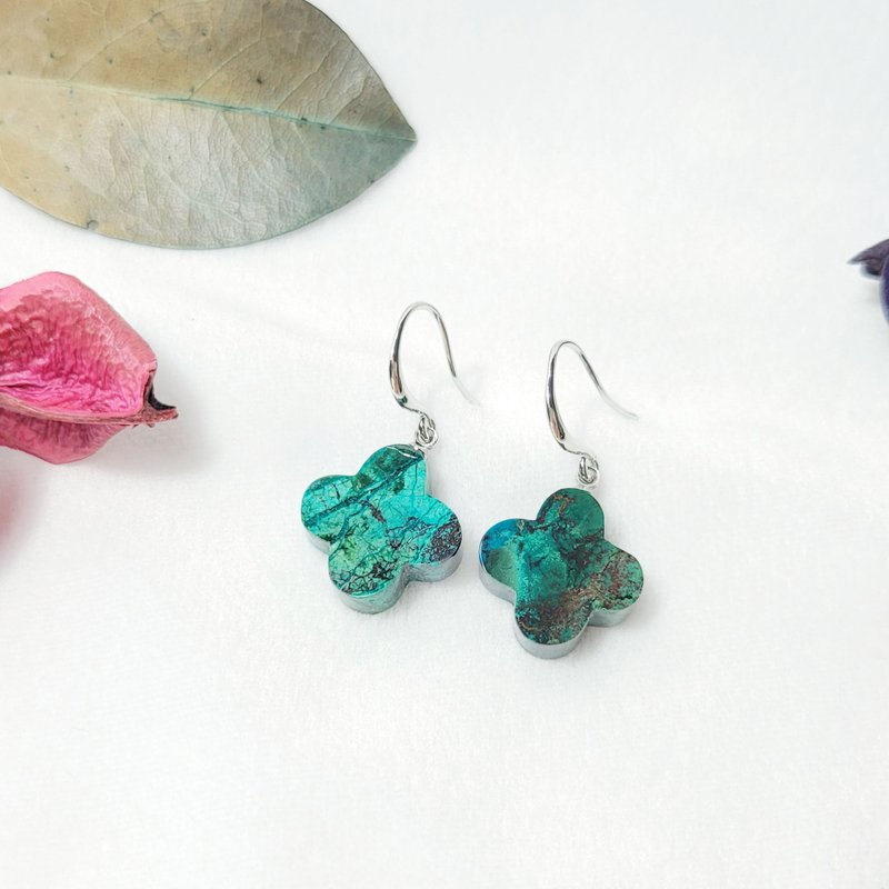 天然 凤凰石 硅孔雀石 四叶草 幸运 智慧 富贵 招财 耳环 单品 - 耳环/耳夹 - 宝石 绿色