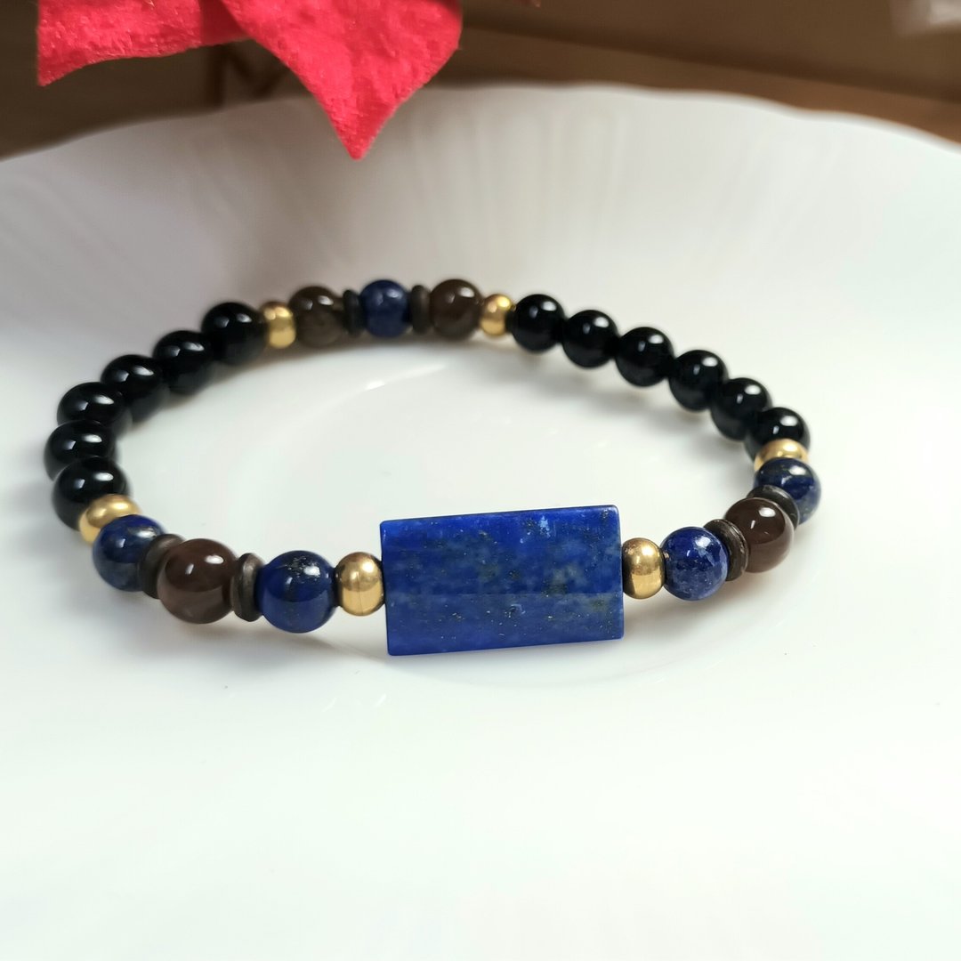 手链 珠串设计 青金石 + 木化玉 + 黑曜石 + 黄铜 - 手链/手环 - 石头 蓝色