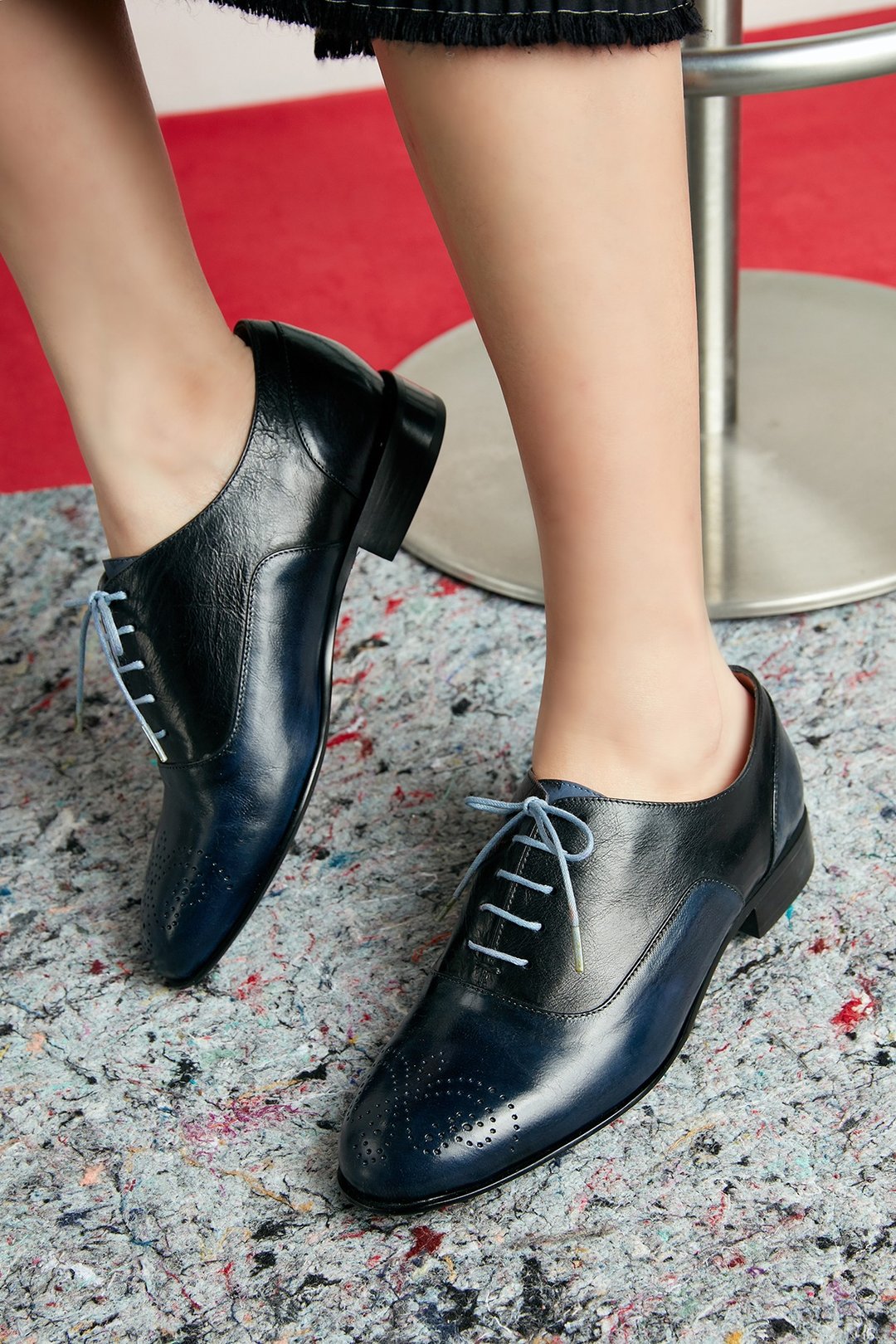 HTHREE  经典牛津鞋/ 普鲁士蓝配黑/ 平底/ Oxford Shoes - 女款牛津鞋/乐福鞋 - 真皮 蓝色