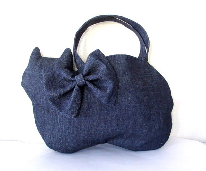 丹宁大蝴蝶结猫咪手提包 治愈系猫型设计包 - 手提包/手提袋 - 棉．麻 蓝色