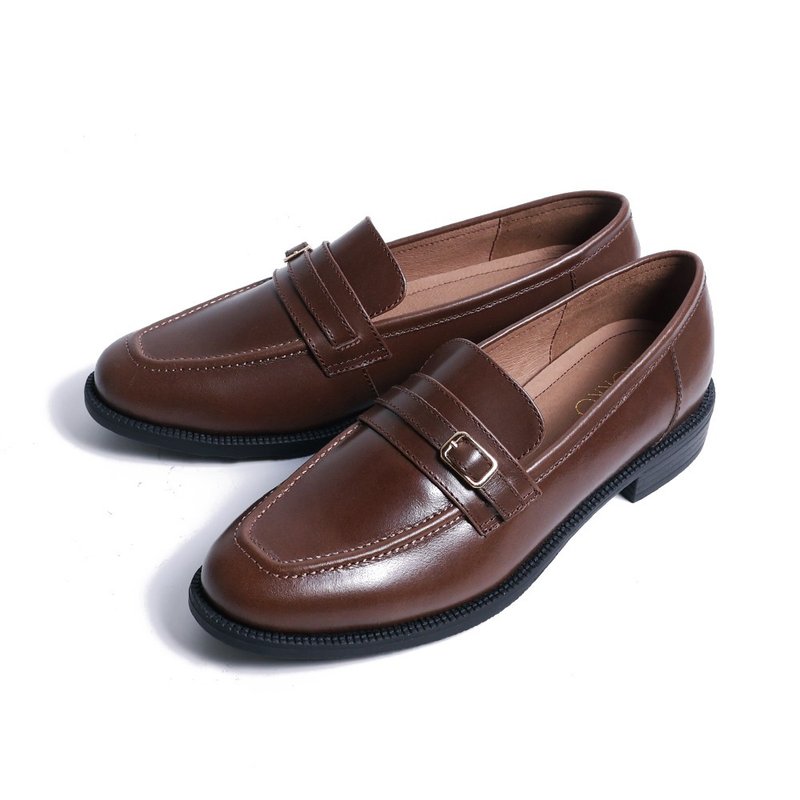 英伦风质感微宽楦牛皮乐福鞋深咖色 - 女款牛津鞋/乐福鞋 - 真皮 咖啡色