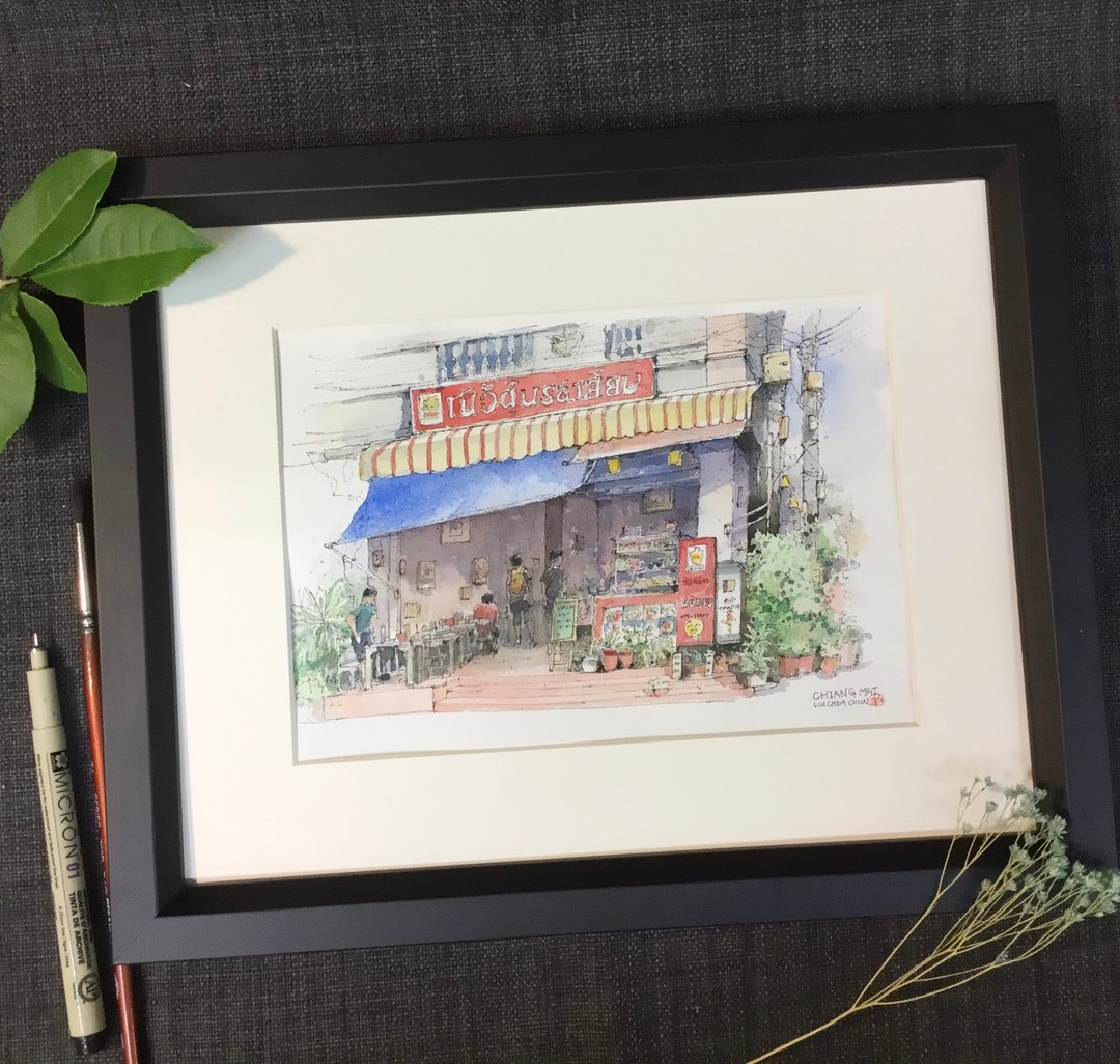 清迈小吃店/手绘原创水彩画/含框 - 海报/装饰画/版画 - 纸 咖啡色