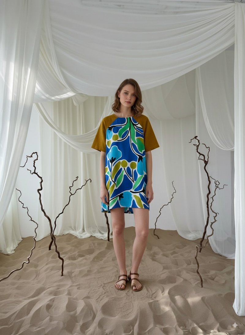 Floral Blue leaf cotton rayon dress colorful summer loose - 洋装/连衣裙 - 棉．麻 